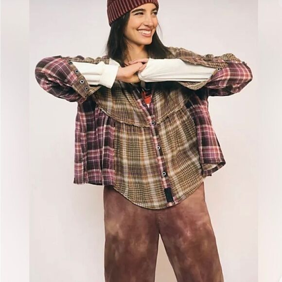 Free People Libby Plaid Top Ruffled
Button Up Fray Trim Olive Purple NWT - Picture 1 of 11